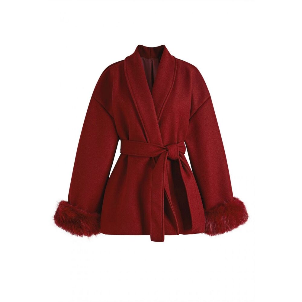 RIHOAS Faux Fur Trim Wrap Coat in Burgundy size Large